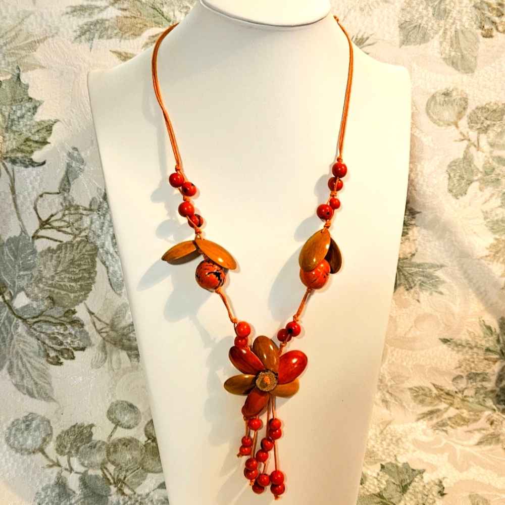 Adjustable Handmade Wood & Nut Floral Necklace 70s Colors